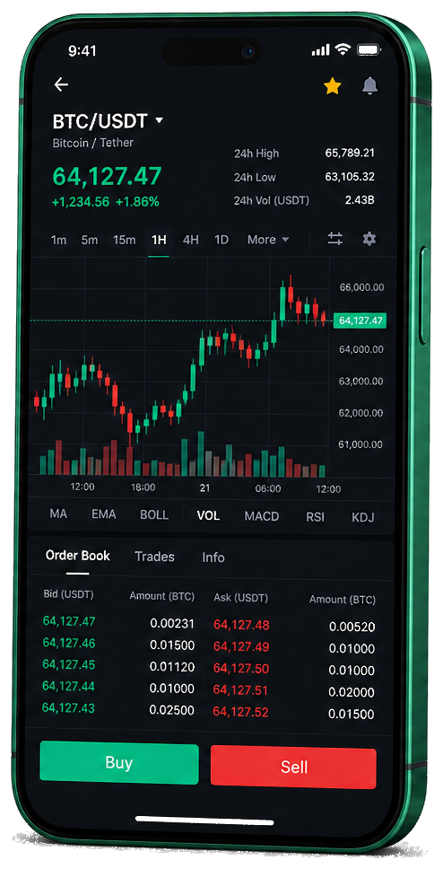 Interface mobile de trading Sévélune Finance — cours BTC/USDT en temps réel, carnet d’ordres et outils de suivi des transactions